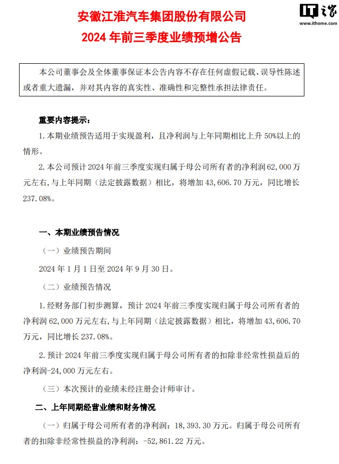 江淮汽车预计 2024 年前三季度归母净利润约 6.2 亿元，同比增长 237.08%