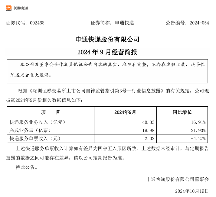 圆通、申通公布 9 月简报，快递产品收入同比增长 19.57%、16.91%