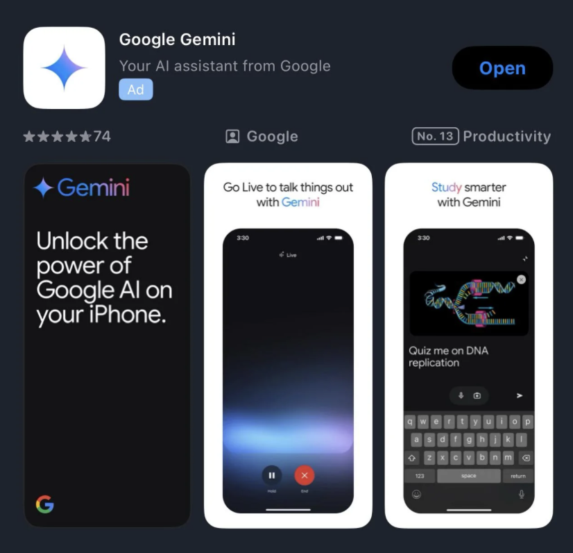 谷歌悄悄为苹果 iOS 平台推出 Gemini AI 独立应用，与 Siri 进行竞争