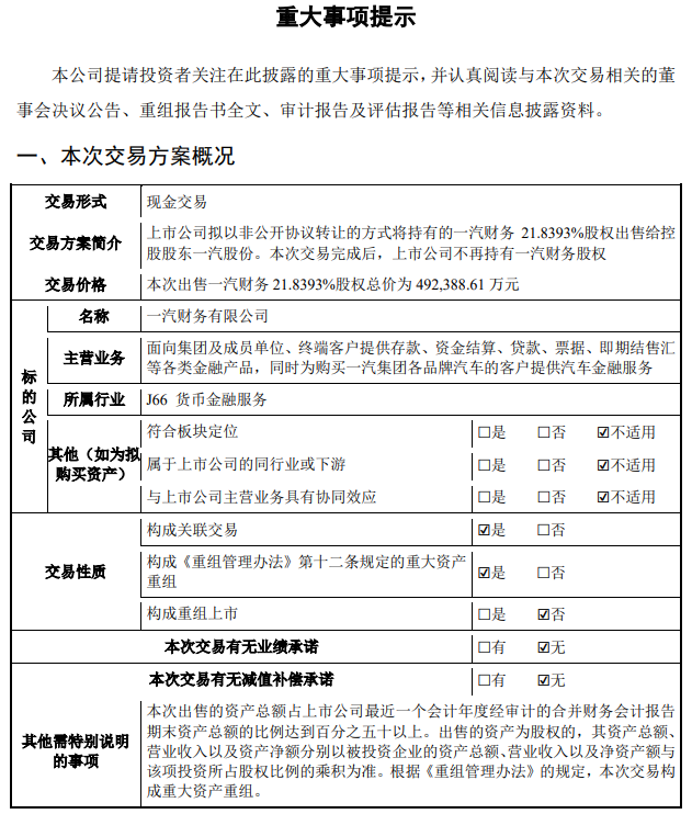 一汽解放：拟 49.24 亿元出售一汽财务 21.8393% 股权