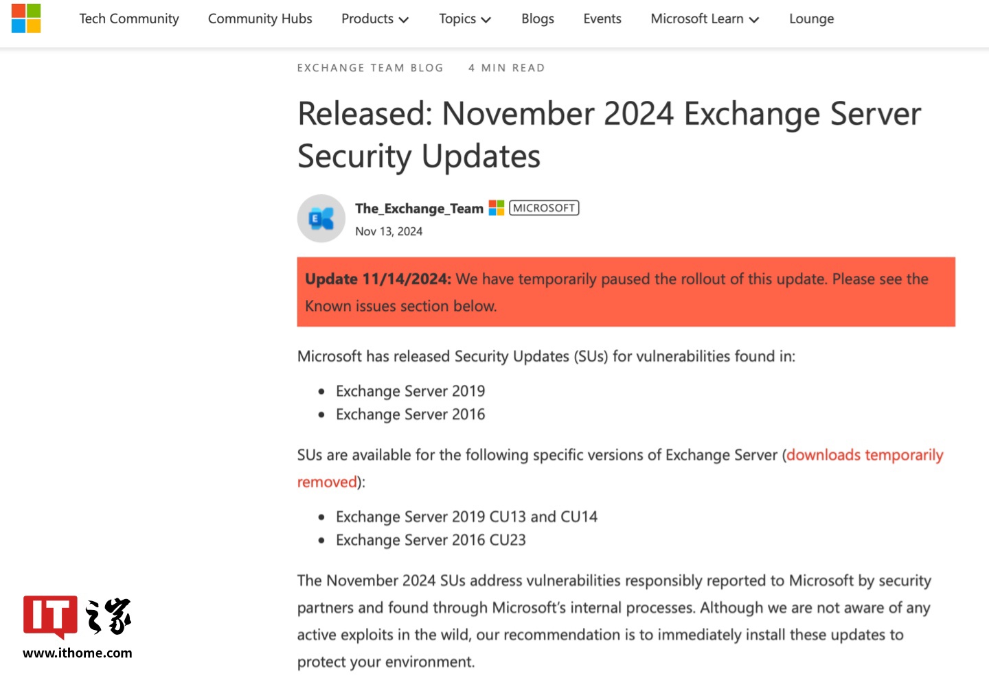 微软承认 11 月 Exchange Server 安全更新导致系统停止收发邮件，已撤包正修复中